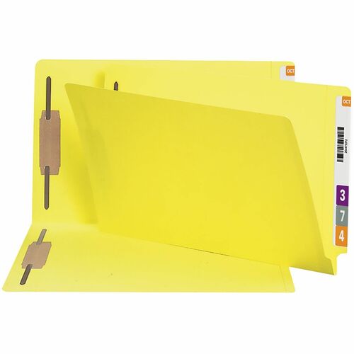 Smead Shelf-Master Straight Tab Cut Legal Recycled Fastener Folder - 8 1/2" x 14" - 3/4" Expansion - 2 x 2B Fastener(s) - 2" for Folder - 11 pt. - 2 Plys - Yellow - 10% Recycled - 50 / Box