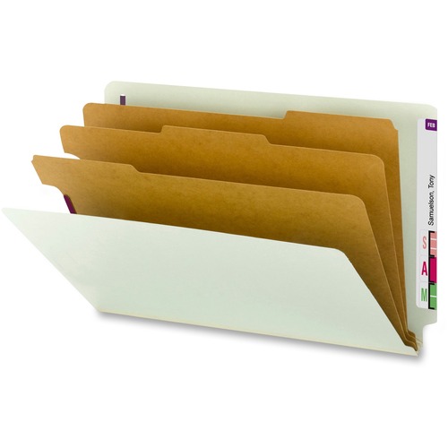 Smead 1/3 Tab Cut Legal Recycled Classification Folder - 8 1/2" x 14" - 3" Expansion - 2 x 2S Fastener(s) - 2" Fastener Capacity for Folder, 1" Fastener Capacity for Divider - End Tab Location - 3 Divider(s) - Pressboard - Gray, Green - 100% Recycled - 10