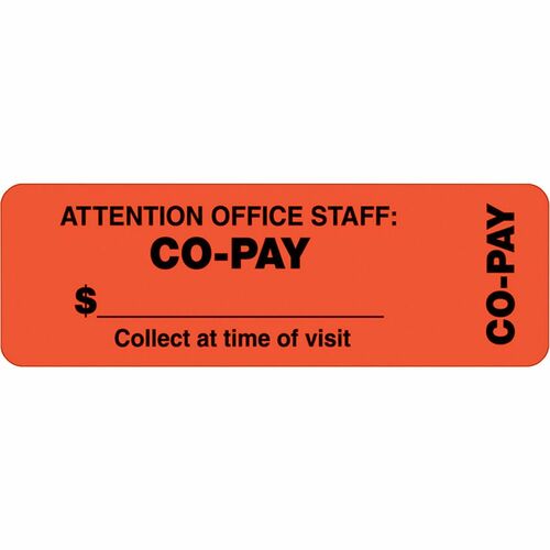 Tabbies CO-PAY Wrap Labels - "Collect at Time of Visit, Attention Office Staff: Co-Pay" - 3" Width x 1" Length - Rectangle - Fluorescent Red Orange - 500 / Roll - 500 / Roll