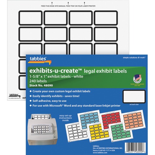 Tabbies Legal Exhibits-U-Create 1" Labels - 1 5/8" Width x 1" Length - Laser - White - 20 / Sheet - 240 / Pack