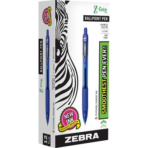 Zebra Z-Grip Retractable Ballpoint Pens - Medium Pen Point - 1 mm Pen Point Size - Retractable - Blue - Clear, Blue Barrel - Nickel Tip - 1 / Dozen