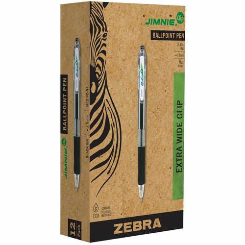 Zebra Pen Eco Jimnie Clip Retractable Ballpoint Pens - Medium Pen Point - 1 mm Pen Point Size - Refillable - Retractable - Black - Smoke Barrel - 1 Dozen