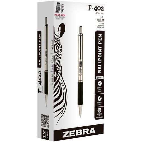 Zebra Pen F402 Retractable Ballpoint Pen - Fine Pen Point - 0.7 mm Pen Point Size - Refillable - Retractable - Black - Stainless Steel Barrel - 1 Each - Ballpoint Retractable Pens - ZEB29210