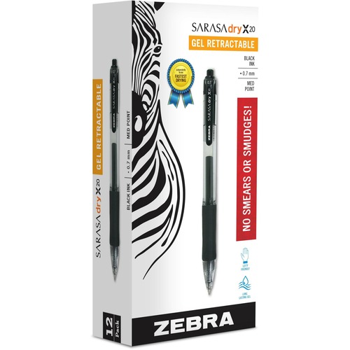 Zebra SARASA dry X20 Retractable Gel Pen - Medium Pen Point - 0.7 mm Pen Point Size - Refillable - Retractable - Black Pigment-based Ink - Translucent Barrel - 1 / Box