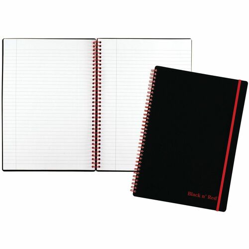 Black n' Red Wirebound Poly Notebook with Front Pocket - 70 Sheets - Wire Bound - Ruled Margin - 24 lb Basis Weight - 8 1/4" x 11 3/4" - White Paper - Red Binding - BlackPolypropylene Cover - Micro Perforated, Wipe-clean Cover, Strap, Hard Cover, Pocket, 