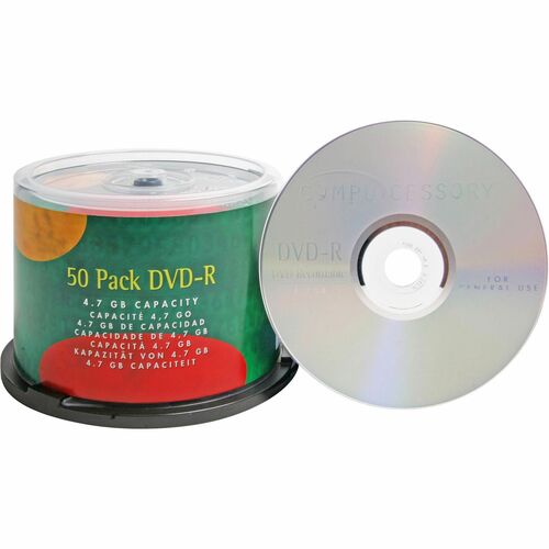 Compucessory DVD Recordable Media - DVD-R - 16x - 4.70 GB - 50 Pack - Silver - 120mm - 2 Hour Maximum Recording Time