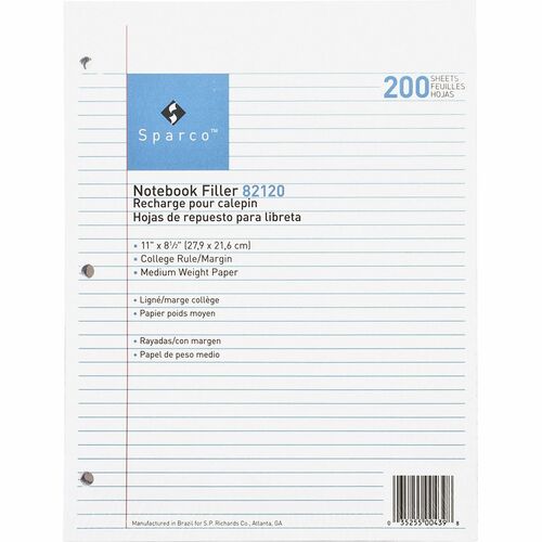 Sparco Notebook Filler Paper - Letter - 200 Sheets - Ruled Red Margin - 16 lb Basis Weight - 8 1/2" x 11" - White Paper - Subject - 200 / Pack