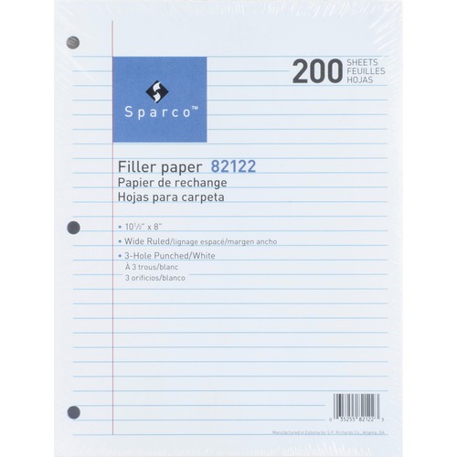 Sparco Standard White 3HP Filler Paper - 200 Sheets - Wide Ruled - Ruled Red Margin - 16 lb Basis Weight - 8" x 10 1/2" - White Paper - Bleed-free - 200 / Pack - Filler Papers - SPR82122
