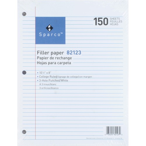 Sparco Standard White 3HP Filler Paper - 150 Sheets - College Ruled - Ruled Red Margin - 16 lb Basis Weight - 8" x 10 1/2" - White Paper - Bleed-free - 150 / Pack - Filler Papers - SPR82123