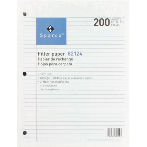 Sparco 3-hole Punched Filler Paper - 200 Sheets - College Ruled - Ruled Red Margin - 16 lb Basis Weight - 8" x 10 1/2" - White Paper - Bleed-free - 200 / Pack = SPR82124