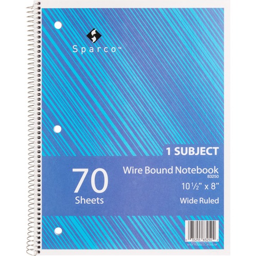 Sparco Quality Wirebound Wide Ruled Notebooks - 70 Sheets - Wire Bound - Wide Ruled - Unruled - 16 lb Basis Weight - 8" x 10 1/2" - Bright White Paper - Assorted Cover - Chipboard Cover - Bleed-free, Subject, Stiff-back, Stiff-cover - 1Each