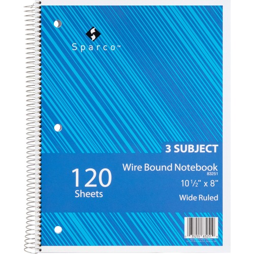 Sparco Quality Wirebound Wide Ruled Notebooks - 120 Sheets - Wire Bound - Wide Ruled - Unruled - 16 lb Basis Weight - 8" x 10 1/2" - Bright White Paper - Assorted Cover - Chipboard Cover - Resist Bleed-through, Subject, Stiff-cover, Stiff-back - 1Each