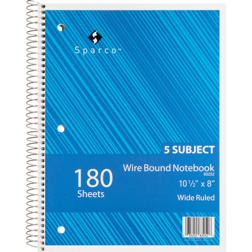 Sparco Quality Wirebound Wide Ruled Notebooks - 180 Sheets - Wire Bound - Wide Ruled - Unruled - 16 lb Basis Weight - 8" x 10 1/2" - Bright White Paper - Assorted Cover - Chipboard Cover - Resist Bleed-through, Stiff-back, Subject, Stiff-cover - 1Each