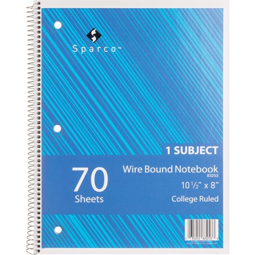 Sparco Wirebound College Ruled Notebooks - 70 Sheets - Wire Bound - College Ruled - Unruled - 16 lb Basis Weight - 8" x 10 1/2" - Assorted Paper - Assorted Cover - Chipboard Cover - Resist Bleed-through, Subject, Stiff-cover, Stiff-back - 1Each