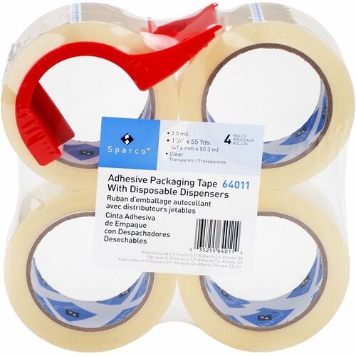 Sparco Heavy-duty Packaging Tape with Dispenser - 55 yd Length x 2" Width - 3" Core - 3 mil - Acrylic Backing - Dispenser Included - Tear Resistant, Split Resistant, Breakage Resistance - For Packing - 4 / Pack - Clear