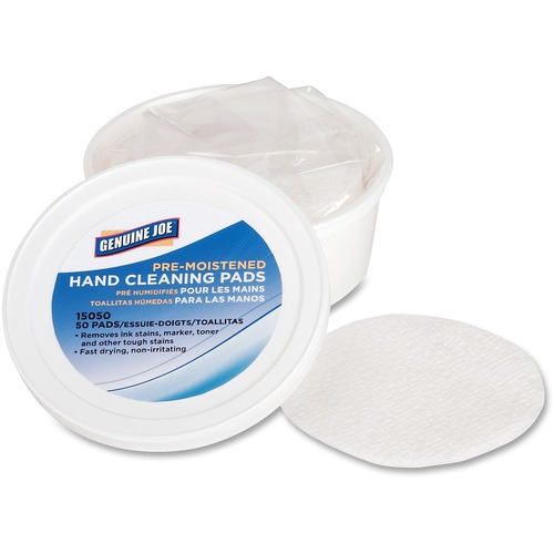 Genuine Joe Pre-moistened Hand Cleaning Pads - 3" Roll Diameter - White - Quick Drying, Pre-moistened, Non-irritating - For Multi Surface, Hand, Tools - 50 Per Pack - 1 Each