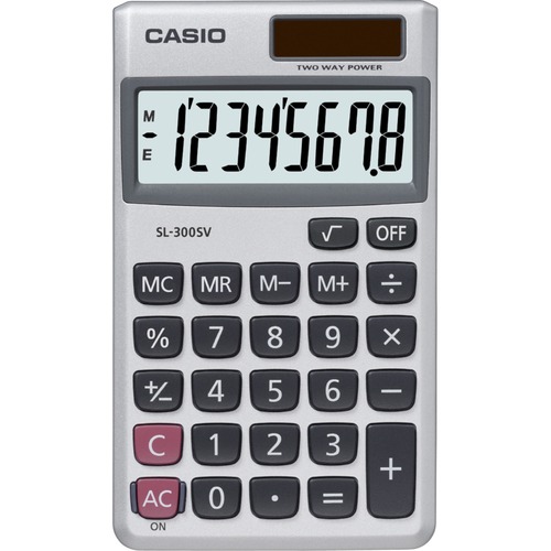 Casio SL300 8-Digit Handheld Calculator - 8 Digits - Battery/Solar Powered - 0.3" x 2.8" x 4.6" - Silver - 1 Each
