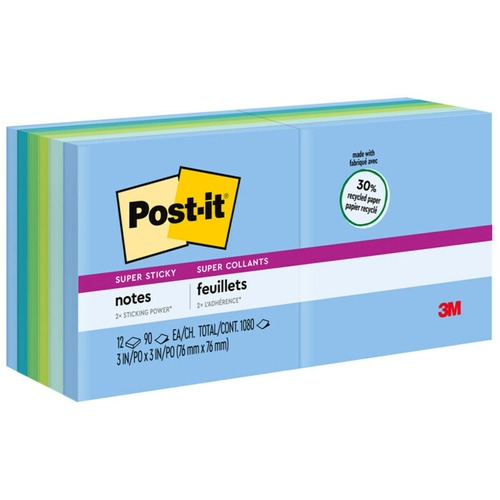 Post-it® Super Sticky Recycled Notes - Oasis Color Collection - 1080 - 3" x 3" - Square - 90 Sheets per Pad - Unruled - Washed Denim, Fresh Mint, Limeade, Lucky Green, Sea Glass - Paper - Self-adhesive - 12 / Pack - Recycled