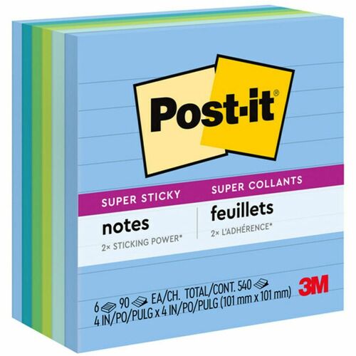 Post-it® Super Sticky Lined Notes - Oasis Color Collection - 540 - 4" x 4" - Square - 90 Sheets per Pad - Ruled - Washed Denim, Fresh Mint, Limeade, Lucky Green, Sea Glass - Paper - Self-adhesive - 6 / Pack - Recycled