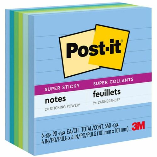 Post-it® Super Sticky Lined Notes - Oasis Color Collection - 540 - 4" x 4" - Square - 90 Sheets per Pad - Ruled - Washed Denim, Fresh Mint, Limeade, Lucky Green, Sea Glass - Paper - Self-adhesive - 6 / Pack