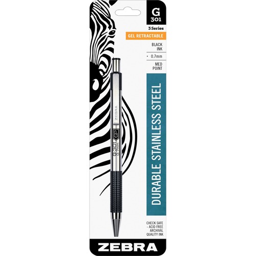Zebra STEEL 3 Series G-301 Retractable Gel Pen - Medium Pen Point - 0.7 mm Pen Point Size - Refillable - Retractable - Black Gel-based Ink - Stainless Steel Barrel - 1 Each