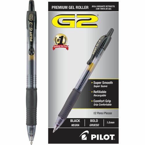 Pilot G2 Bold Point Retractable Gel Pens - Bold Pen Point - 1 mm Pen Point Size - Refillable - Retractable - Black Gel-based Ink - Clear Barrel - 1 Dozen