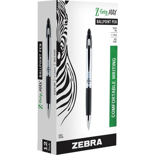 Zebra Z-grip Max Retractable Ballpoint Pens - Medium Pen Point - 1 mm Pen Point Size - Conical Pen Point Style - Retractable - Black - Gray Barrel - 1 Dozen