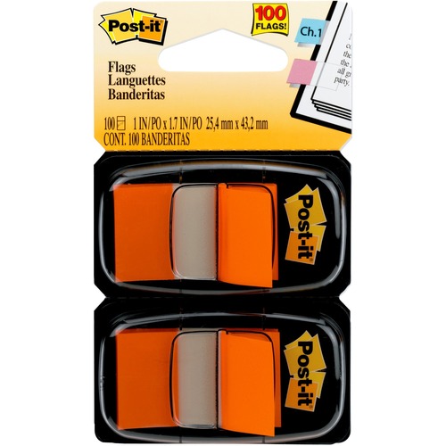 Post-it® Flags - 100 x Orange - 1" x 1.75" - Rectangle - Unruled - Orange - Removable, Tab - 100 / Pack