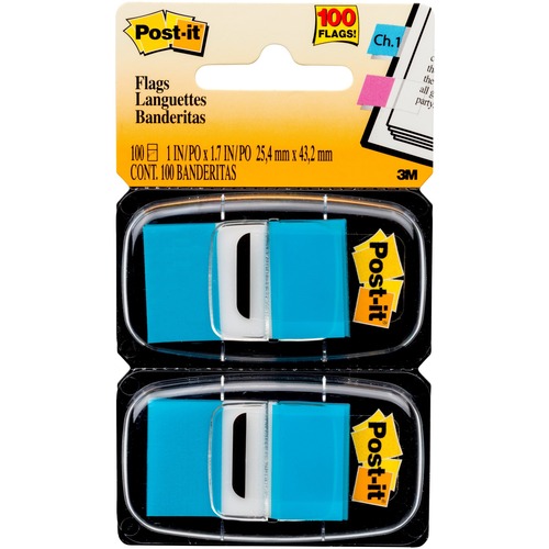 Post-it® Flags - 100 x Bright Blue - 1" x 1 3/4" - Rectangle - Blue - Removable, Self-adhesive - 100 / Pack