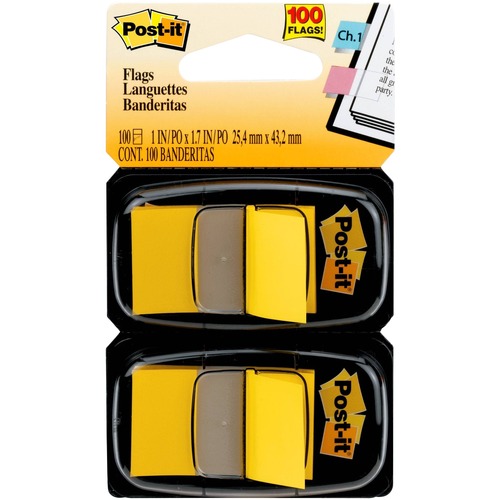 Post-it® Flags - 100 x Yellow - 1" x 1 3/4" - Rectangle - Unruled - Yellow - Removable, Self-adhesive - 100 / Pack