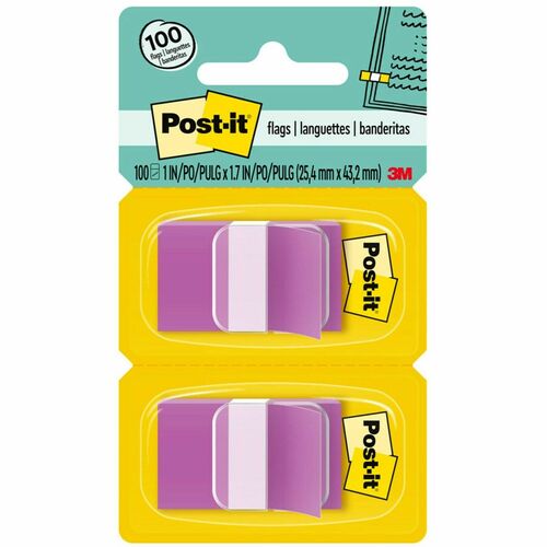 Post-it® Flags - 100 - 1" x 1 3/4" - Rectangle - Unruled - Purple - Removable, Self-adhesive - 100 / Pack