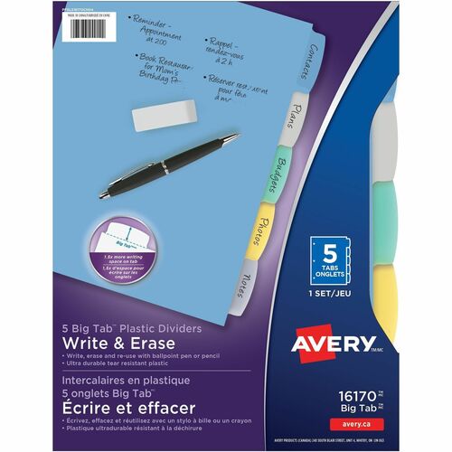 Avery® Big Tab™ Write & Erase Plastic Dividers, 5 tabs, 1 set - 5 x Divider(s) - 5 Write-on Tab(s) - 5 - 5 Tab(s)/Set - 8.5" Divider Width x 11" Divider Length - 3 Hole Punched - Multicolor Plastic Divider - Multicolor Plastic Tab(s) - 5 / Set
