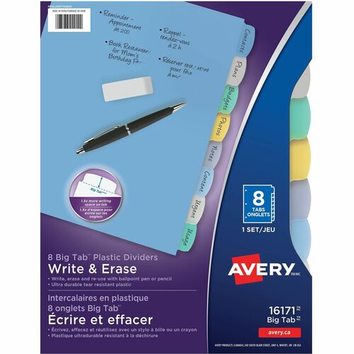 Avery® Big Tab Write & Erase Durable Plastic Dividers, 8 Multicolor Tabs, 1 Set - 8 x Divider(s) - Write-on Tab(s) - 8 - 8 Tab(s)/Set - 8.50" Divider Width x 11" Divider Length - 3 Hole Punched - Multicolor Plastic Divider - Multicolor Plastic Tab(s)  = AVE16171