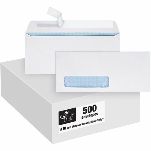 Quality Park No. 10 Window Security Tinted Envelopes with a Self-Seal Closure - Single Window - #10 - 4 1/8" Width x 9 1/2" Length - 24 lb - Self-sealing - Wove - 500 / Box - White