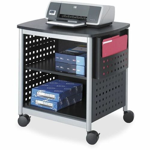 Safco Scoot Desk Side Hole Pattern Printer Stand - 90.72 kg Load Capacity - 3 x Shelf(ves) - 26.50" (673.10 mm) Height x 26.50" (673.10 mm) Width x 20.50" (520.70 mm) Depth - Floor - Laminate, Powder Coated - Steel - Black, Silver = SAF1856BL