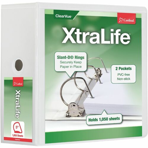 Cardinal Xtralife ClearVue Locking Slant-D Binders - 5" Binder Capacity - Letter - 8 1/2" x 11" Sheet Size - 1100 Sheet Capacity - 4 3/8" Spine Width - 3 x D-Ring Fastener(s) - 2 Inside Front & Back Pocket(s) - Polyolefin - White - 1.02 kg - Non-stick, Lo