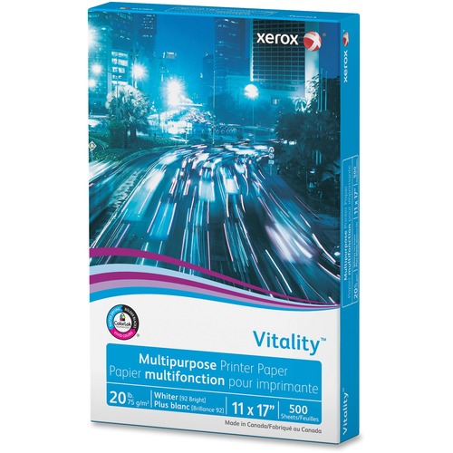 Xerox Vitality Multipurpose Printer Paper - 92 Brightness - Ledger/Tabloid - 11" (279.40 mm) x 17" (431.80 mm) - 20 lb (9071.85 g) Basis Weight - ColorLok Technology, Jam-free - White - 500 / Ream