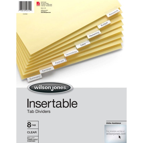 Wilson Jones Insertable Tab Dividers - 8 x Divider(s) - 8 Tab(s) - 8 Tab(s)/Set - Letter - 8.50" Width x 11" Length - Paper Divider - Clear Plastic, Transparent Tab(s) - Reinforced Edges, Reinforced Tab - 8 / Set