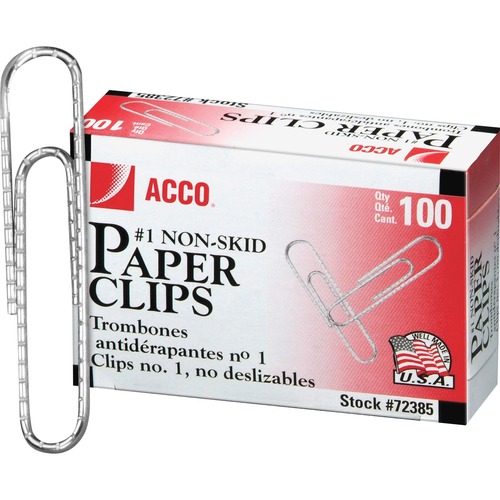 Acco Premium Paper Clips - No. 1 - 10 Sheet Capacity - Non-skid, Strain Resistant, Corrosion Resistant, Galvanized, Non-slip Grip - Silver - Metal, Zinc Plated - Paper Clips - ACC72385