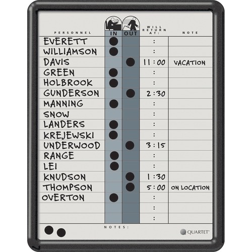 Quartet Classic In/Out Board - 14" (355.60 mm) Height x 11" (279.40 mm) Width - Gray Porcelain Surface - Magnetic, Durable, Stain Resistant, Dent Resistant, Ghost Resistant, Scratch Resistant - Black Frame - 1 Each - Organizer Boards - QRT75002