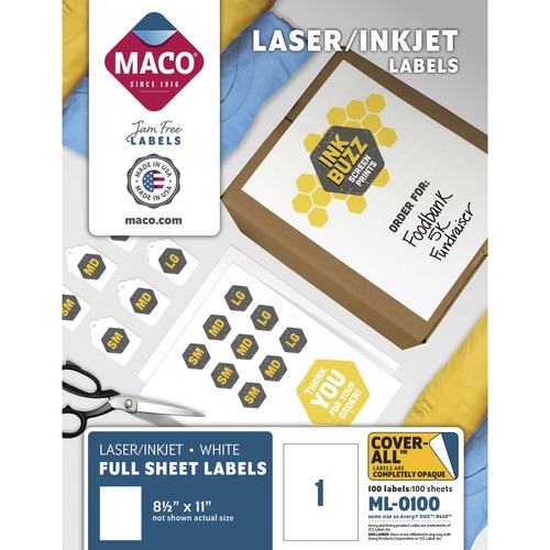 MACO White Laser/Ink Jet Full Sheet Label - 8 1/2" Width x 11" Length - Rectangle - Laser, Inkjet - White - 100 / Box - Lignin-free