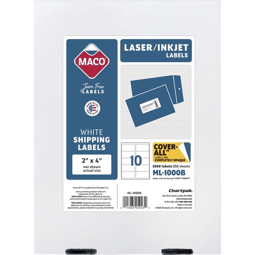 MACO White Laser/Ink Jet Shipping Label - 2" Width x 4" Length - Permanent Adhesive - Rectangle - Laser, Inkjet - White - 10 / Sheet - 2500 / Box - Lignin-free
