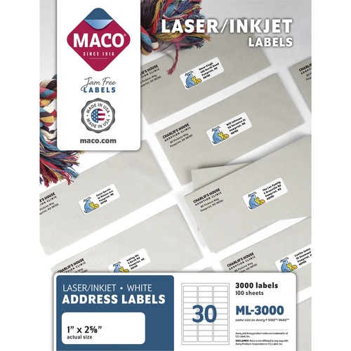 MACO White Laser/Ink Jet Address Label - 1" Width x 2 5/8" Length - Permanent Adhesive - Rectangle - Laser, Inkjet - White - 30 / Sheet - 3000 / Box - Lignin-free