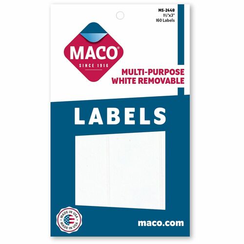 MACO White Multi-Purpose Labels - 1 1/2" Width x 3" Length - Removable Adhesive - Rectangle - White - 160 / Pack - Self-adhesive