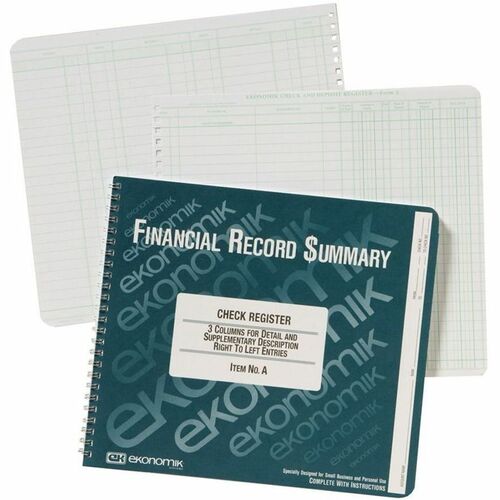 Ekonomik Check / Deposit Register - 40 Sheet(s) - Wire Bound - 10" x 8.75" Sheet Size - White Sheet(s) - Green Print Color - Recycled - 1 Each