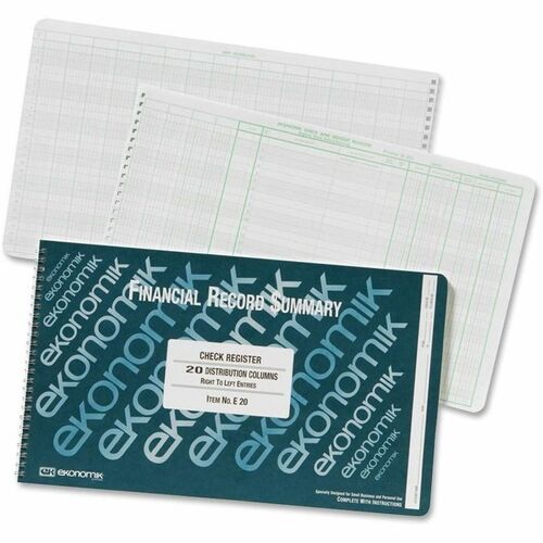 Ekonomik Financial Record Summary Check Register - 40 Sheet(s) - Wire Bound - 14.75" x 8.75" Sheet Size - 20 Columns per Sheet - White Sheet(s) - Green Print Color - Recycled - 1 Each
