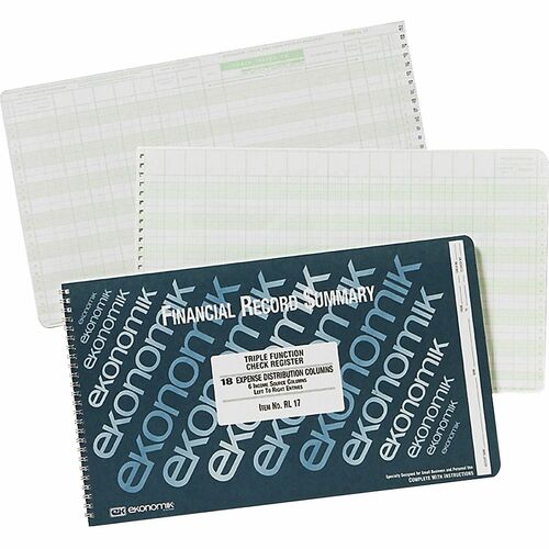 Ekonomik Standard Size Triple Function Check Registry - 40 Sheet(s) - Wire Bound - 14.75" x 8.75" Sheet Size - 18 Columns per Sheet - White Sheet(s) - Green Print Color - Recycled - 1 Each