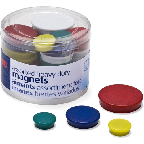 Officemate Heavy-Duty Assorted Magnets, 30/Tub - 12 x Small, 12 x Medium, 6 x Large - 1 Each - Red, Yellow, White, Blue, Green