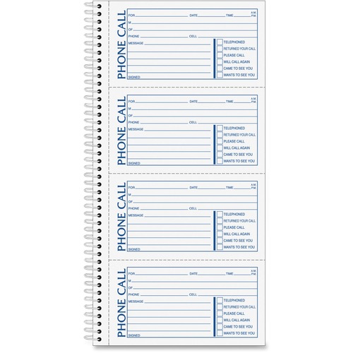 TOPS Telephone Message Book - Spiral Bound - 2 Part - Carbonless Copy - 2.75" x 5" Form Size - 11" x 5.50" Sheet Size - White - 1 Each