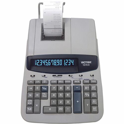 Victor 1570-6 14 Digit Professional Grade Heavy Duty Commercial Printing Calculator - 5.2 LPS - Clock, Date, Big Display, Independent Memory, 4-Key Memory, Sign Change - Power Adapter Powered - 2.8" x 8.8" x 12.5" - Gray, Off White - 1 Each